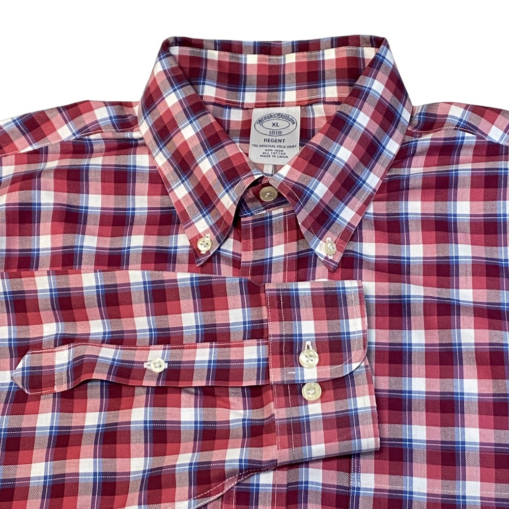 Brooks Brothers 1818 Regent Non-Iron Plaid Button Down Shirt Mens XL Red Blue